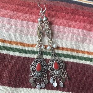 🌴Vintage Sterling Filagree Long Dangle earrings with Seed Pearls and Coral